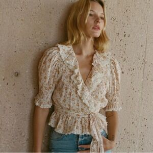 DOEN Thames Top Floral Ruffle Lace Trim Wrap Blouse in Cream Women XL Ramie